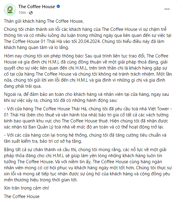 The Coffee House thông báo đã đồng thuận về một giải pháp thỏa đáng cho gia đình nữ bác sĩ bị kính rơi vào người - Ảnh 1. The Coffee House thông báo đã đồng thuận về một giải pháp thỏa đáng cho gia đình nữ bác sĩ bị kính rơi vào người - Ảnh 1.