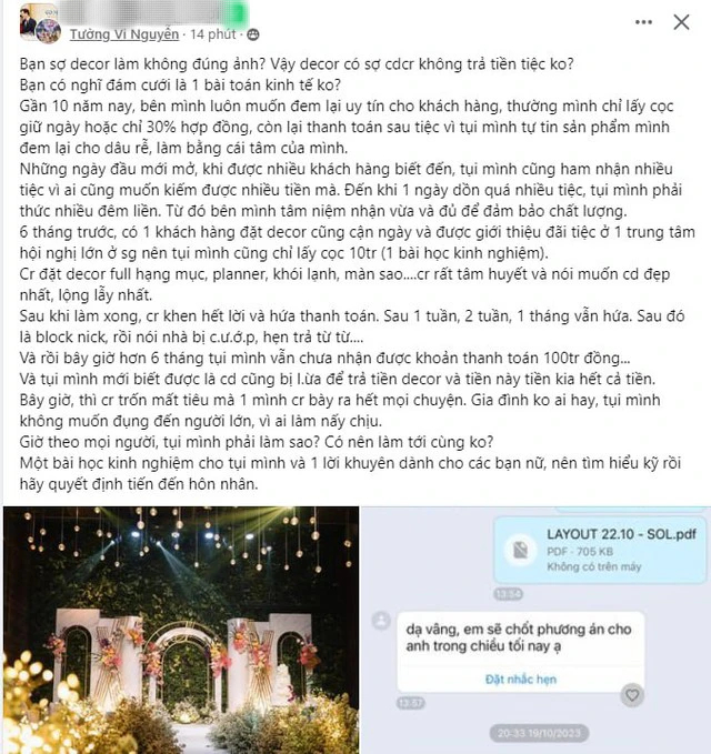 Đơn vị decor tiệc cưới ở Sài thành bị bùng hơn 100 triệu: Chú rể viện đủ lý do rồi mất hút, cô dâu cũng là nạn nhân! - Ảnh 2. Đơn vị decor tiệc cưới ở Sài thành bị bùng hơn 100 triệu: Chú rể viện đủ lý do rồi mất hút, cô dâu cũng là nạn nhân! - Ảnh 2.