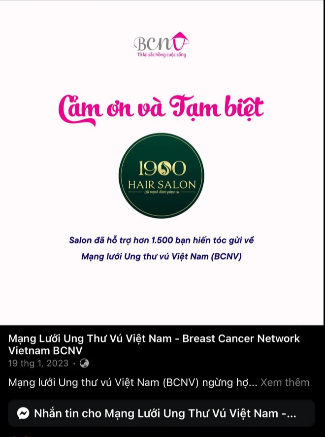 Mạng lưới ung thư vú Việt Nam đã dừng hợp tác với 1900 Hair Salon từ đầu năm 2023 - Ảnh 1. Mạng lưới ung thư vú Việt Nam đã dừng hợp tác với 1900 Hair Salon từ đầu năm 2023 - Ảnh 1.