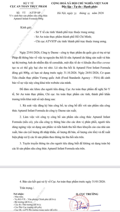 KHẨN - Bộ Y tế cảnh báo nóng về sản phẩm sữa công thức Aptamil Infant Formula 800g