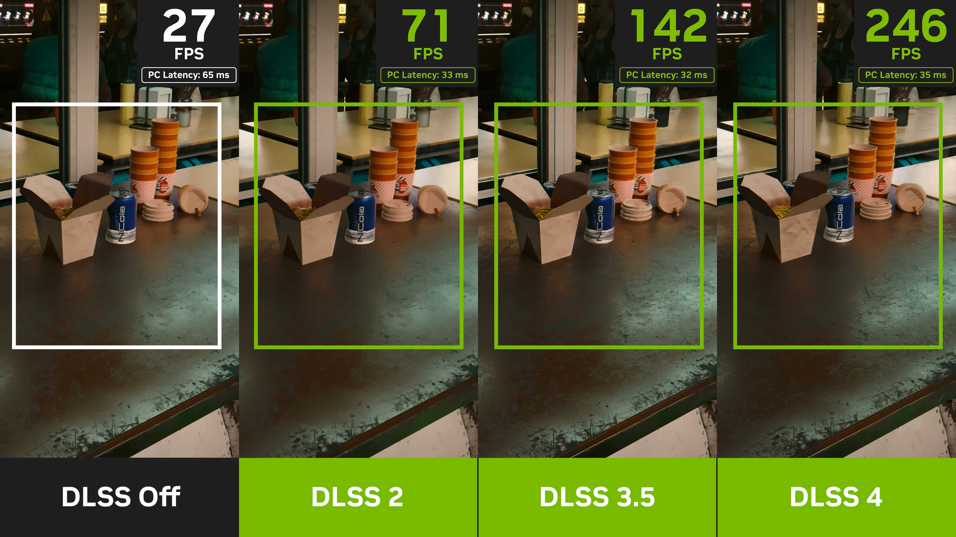 dlss 4 dlss 3 dlss 2 dlss off comparison cyberpunk 2077 0 5 screenshot