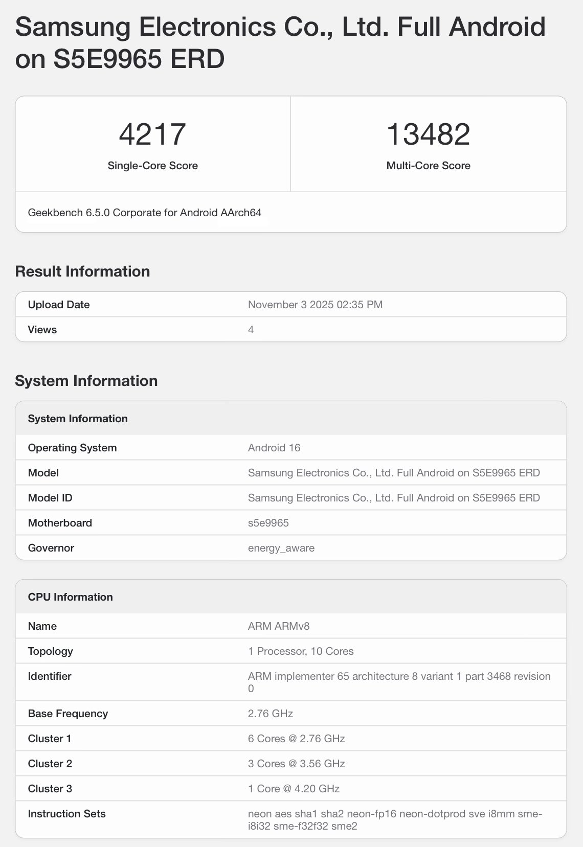 exynos 2600 engineering sample single core and multi core benchmark results