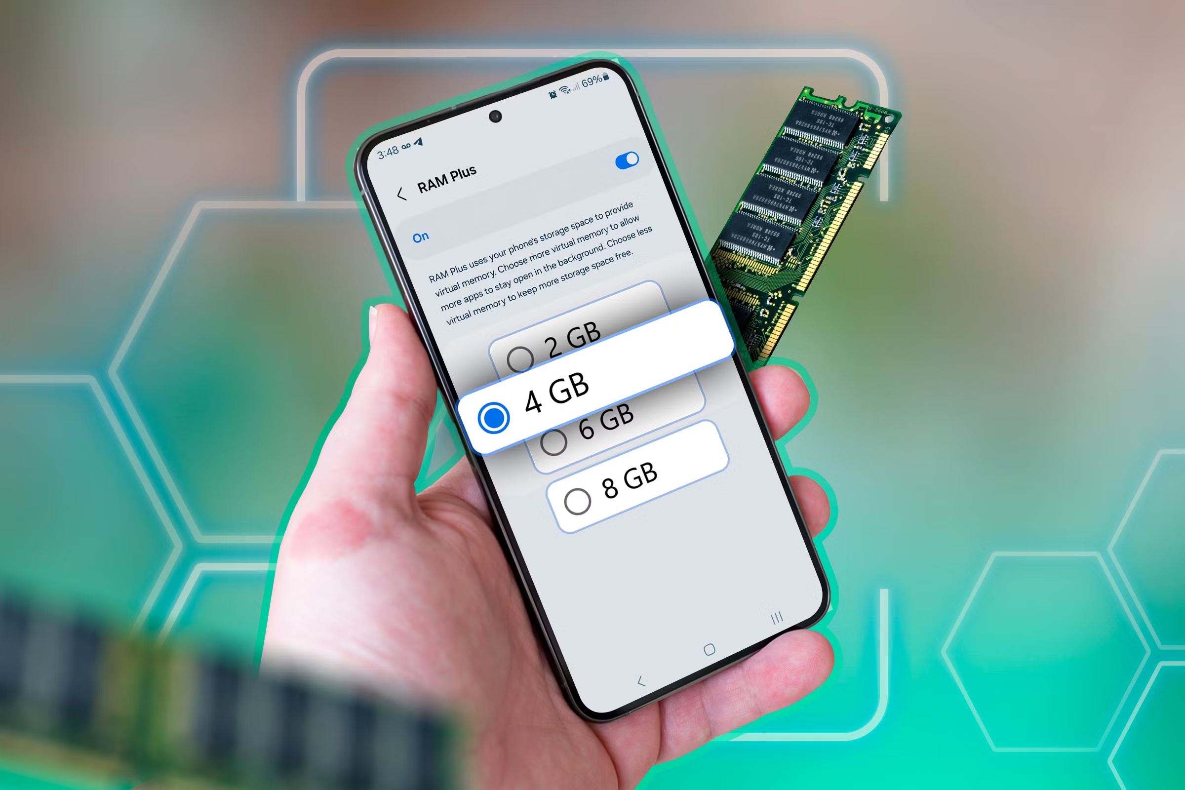 a phone on the ram memory management screen with a ram stick behind the phone