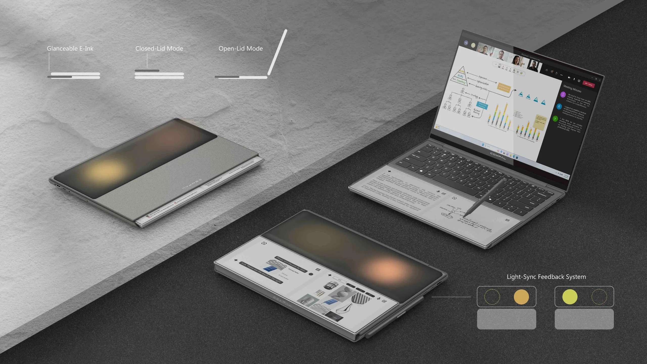 Compal AI Book: Mẫu laptop tích hợp màn hình phụ Kaleido 3 như máy đọc sách ở phần kê tay