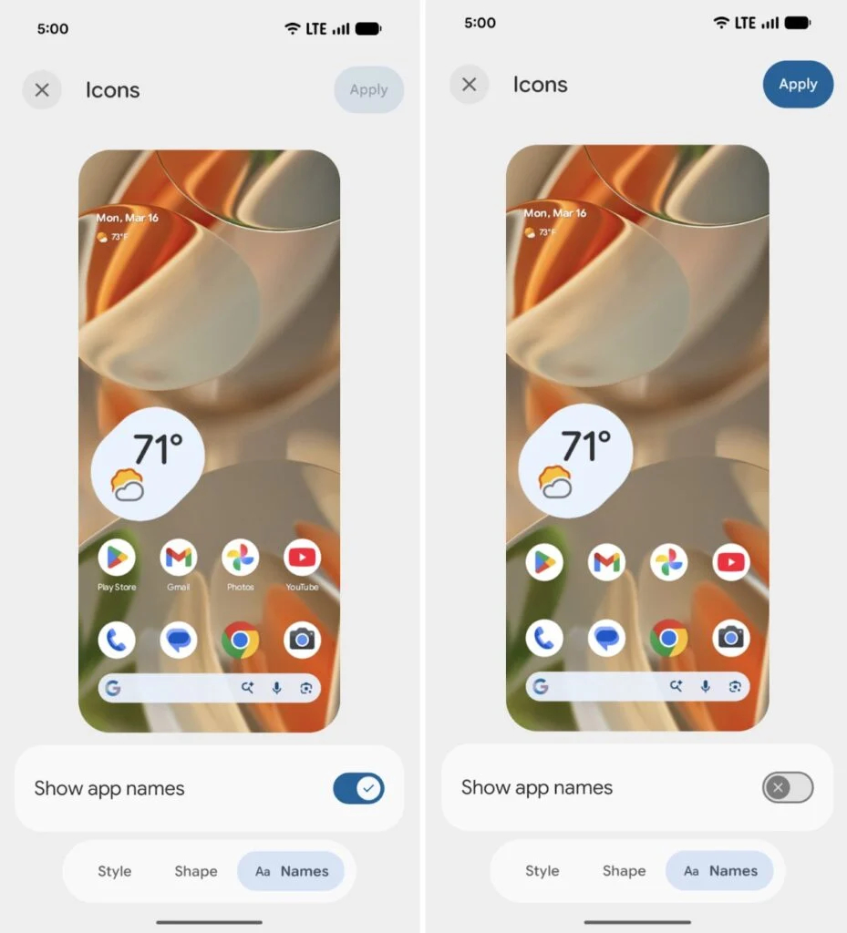 hide app labels in android 17 929x1024