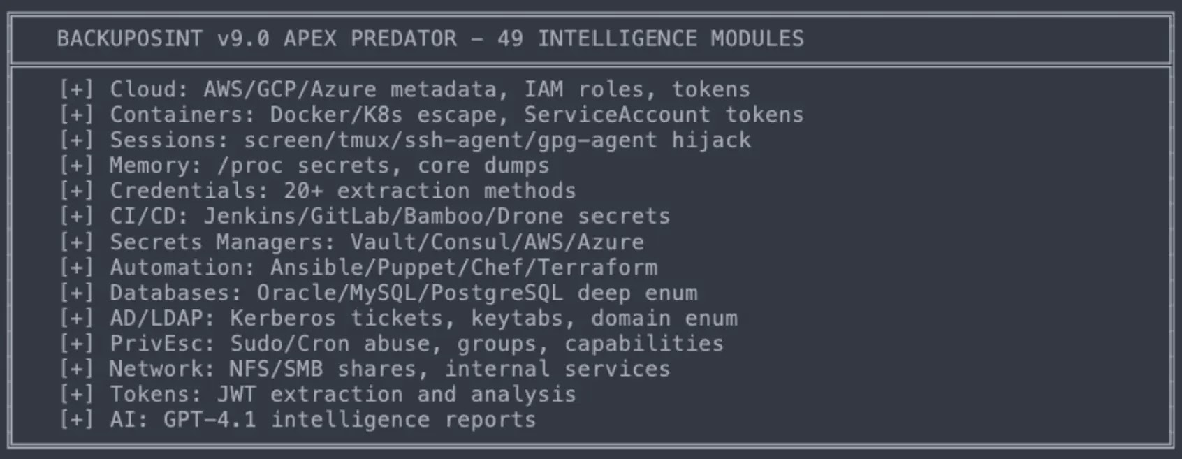 backuposintpy framework module overview showing capabilities across cloud containers credentials databases active directory and network enumeration source dragos