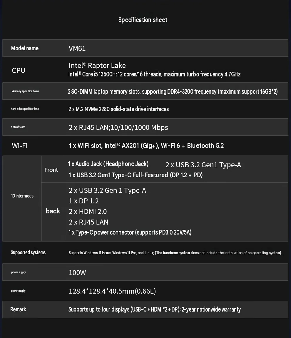 complete specs of the asus vm61 mini pc q82 w990 h