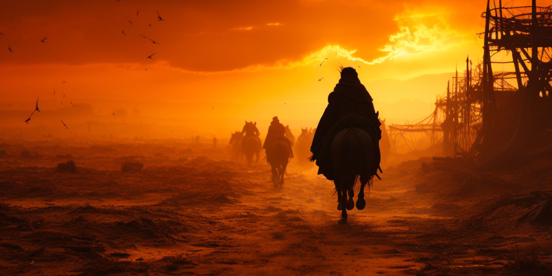riders on horseback move through a dusty path at