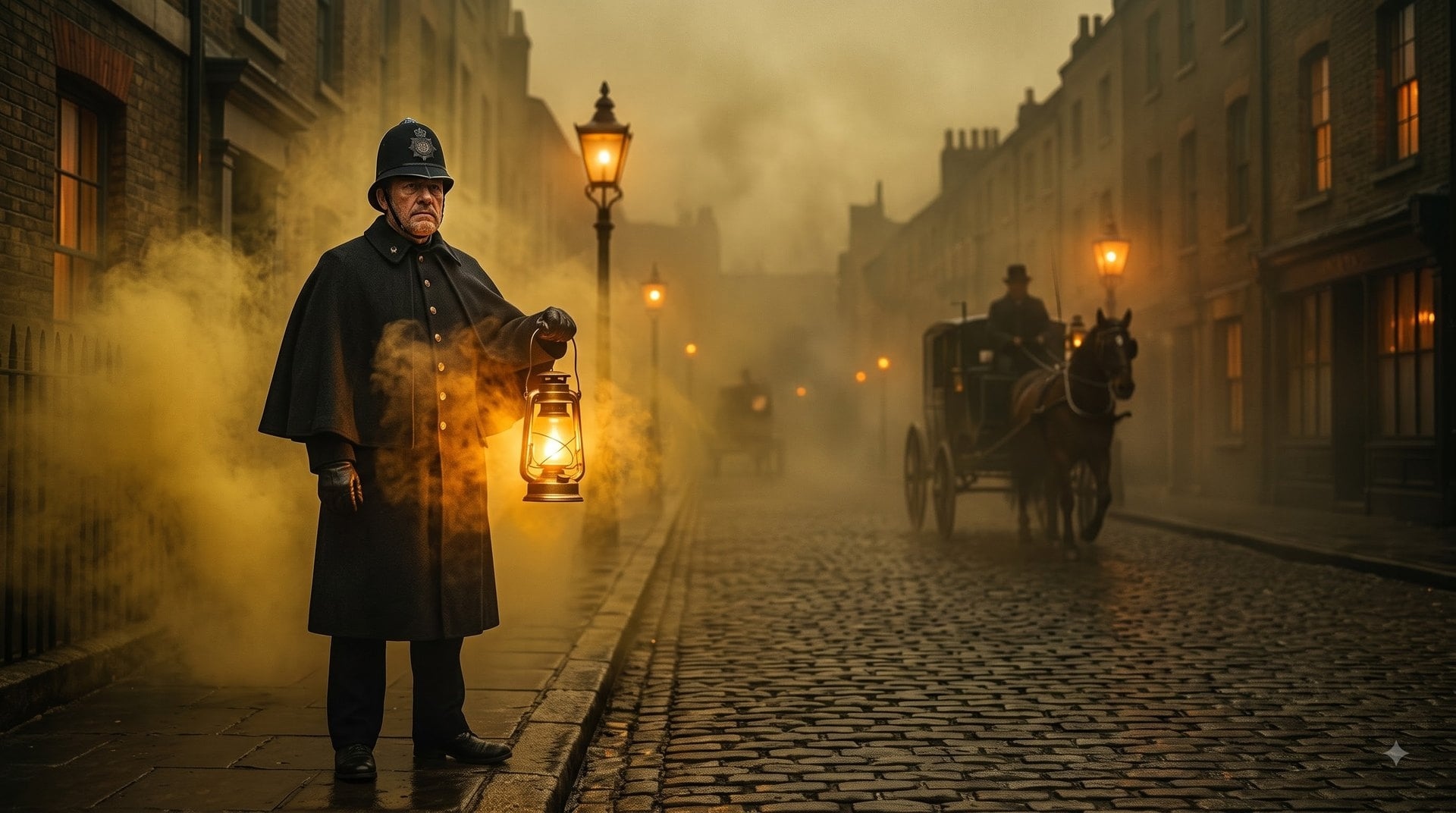 london fog victorian police officer lantern smog