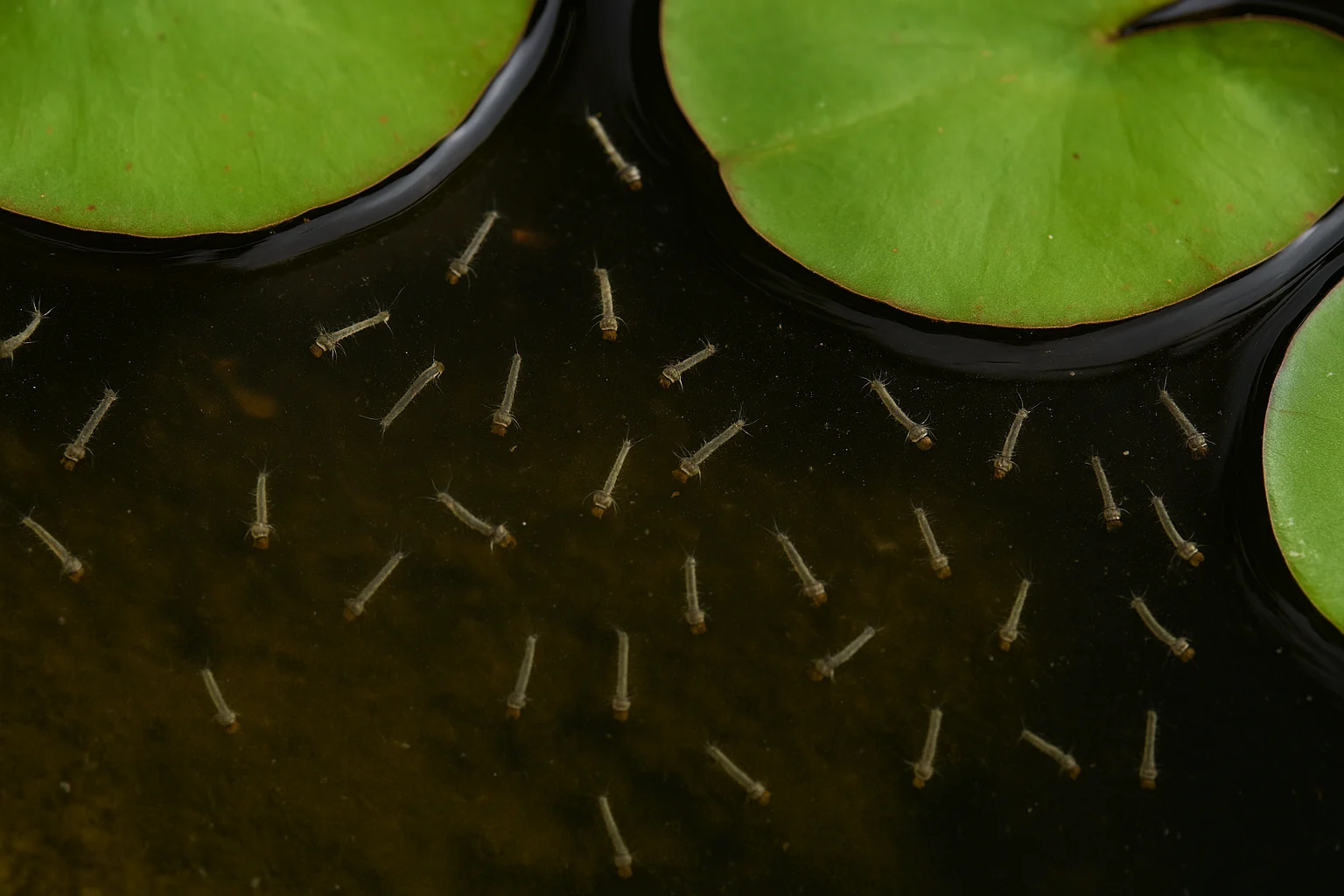 close up of mosquito larvae or stagnant water with water lilies