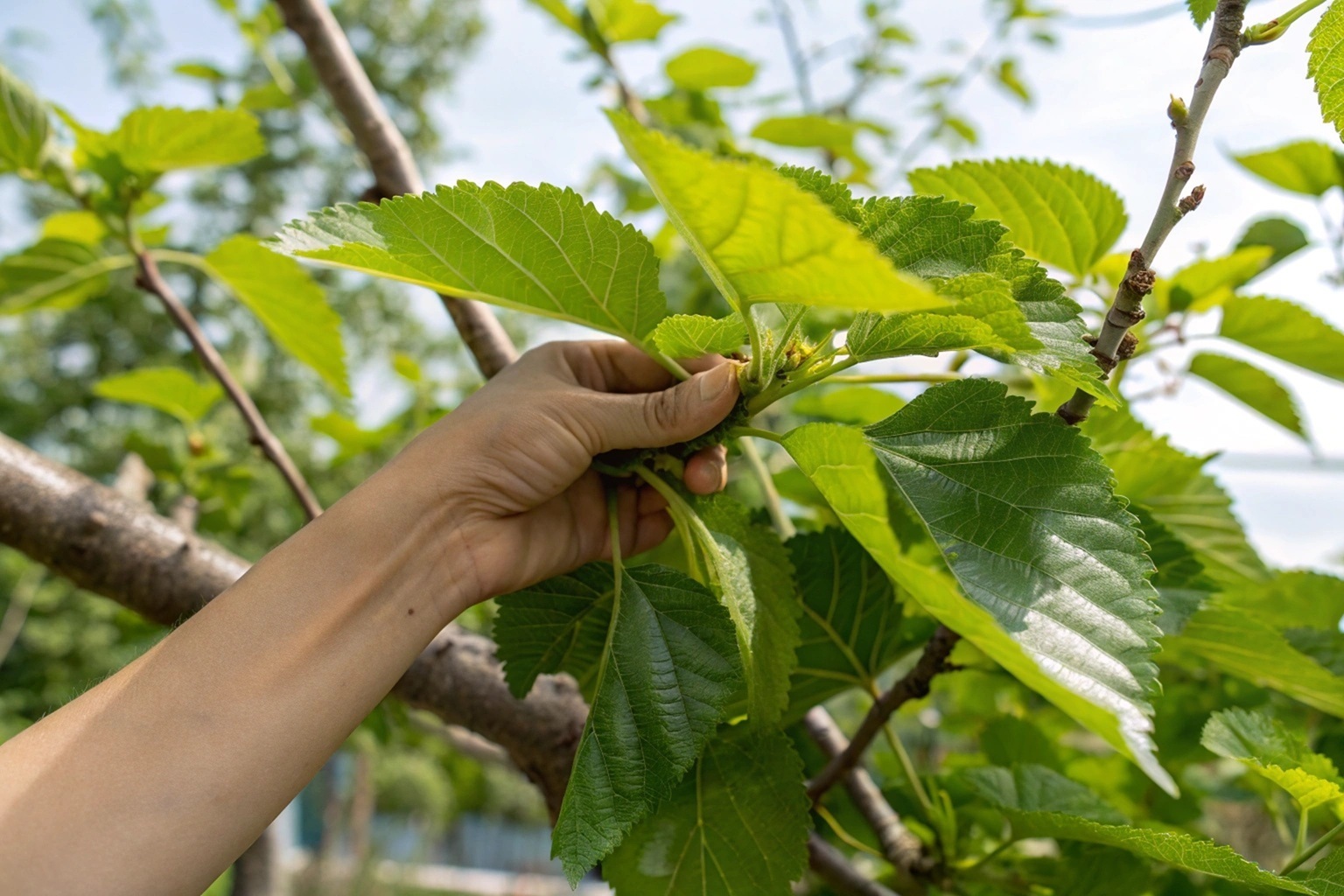 4pick mulberry leaves on tree