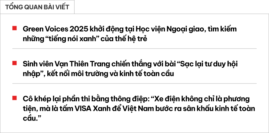Nữ sinh Học viện Ngoại giao chiến thắng chặng mở màn Green Voices 2025 với thông điệp ‘xe điện không chỉ là phương tiện, mà là tấm VISA Xanh’- Ảnh 1. Nữ sinh Học viện Ngoại giao chiến thắng chặng mở màn Green Voices 2025 với thông điệp ‘xe điện không chỉ là phương tiện, mà là tấm VISA Xanh’- Ảnh 1.