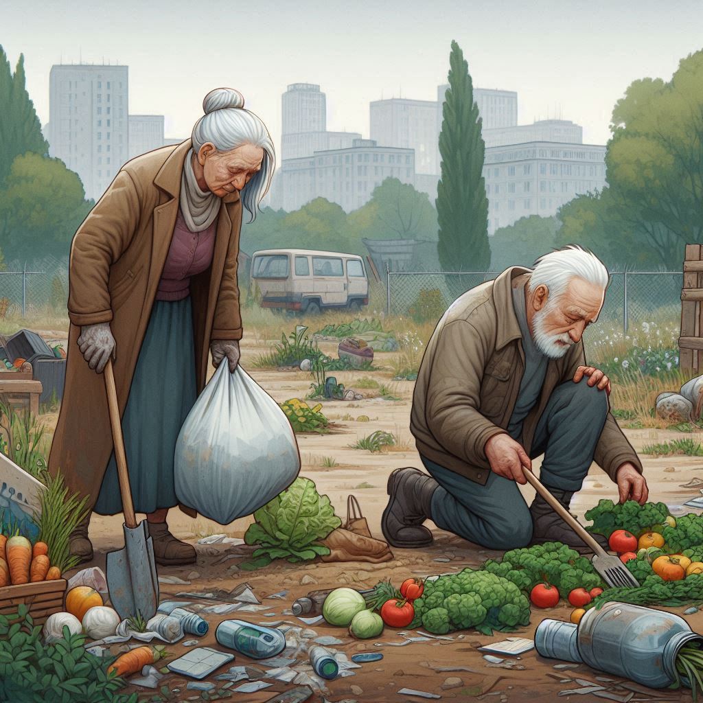 an elderly woman with silver hair wandering around collecting scrap and an elderly man with a hunched back planting vegetables on a vacant lot in the suburbs of the city