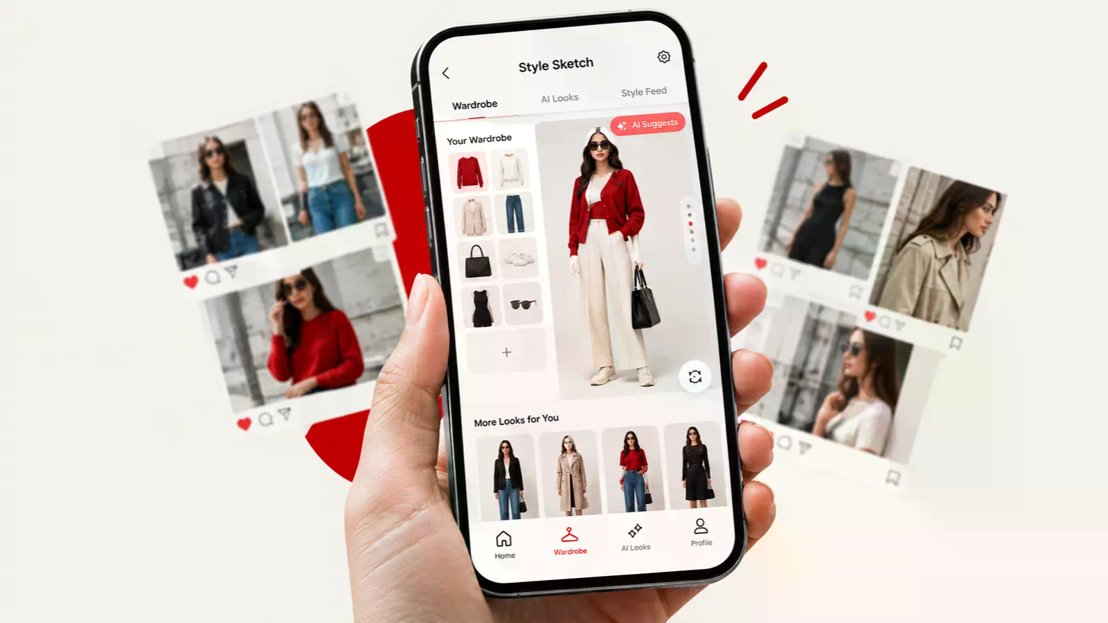 meta style sketch app showing a digital wardrobe and ai outfit suggestions on a smartphone