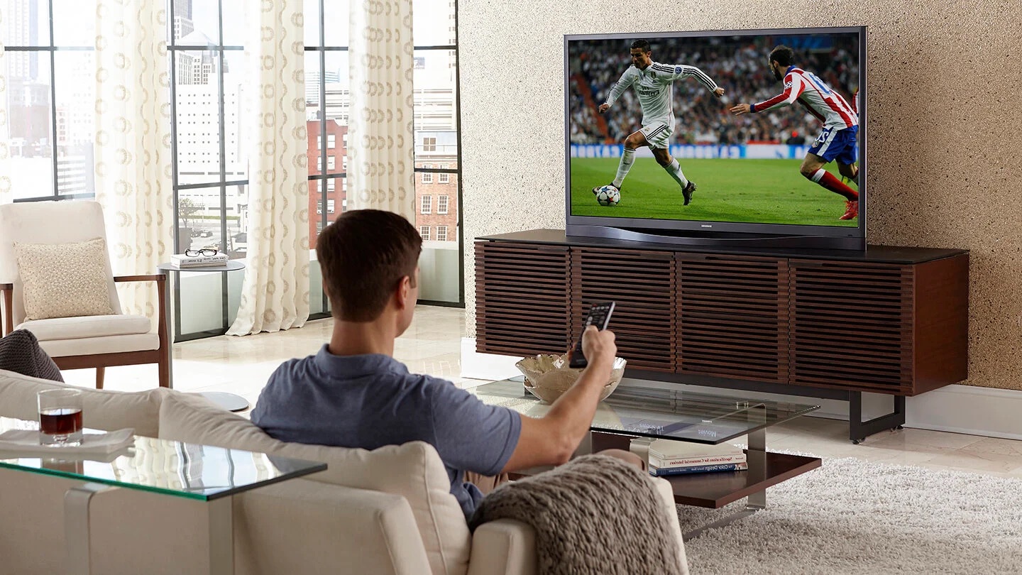 corridor tv cabinet bdi furniture correct distance from tv blog hero 1440