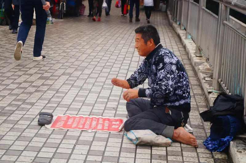 shenzhen china pedestrian overpass male beggar man beggar begging pedestrian overpass national road shenzhen 84169442