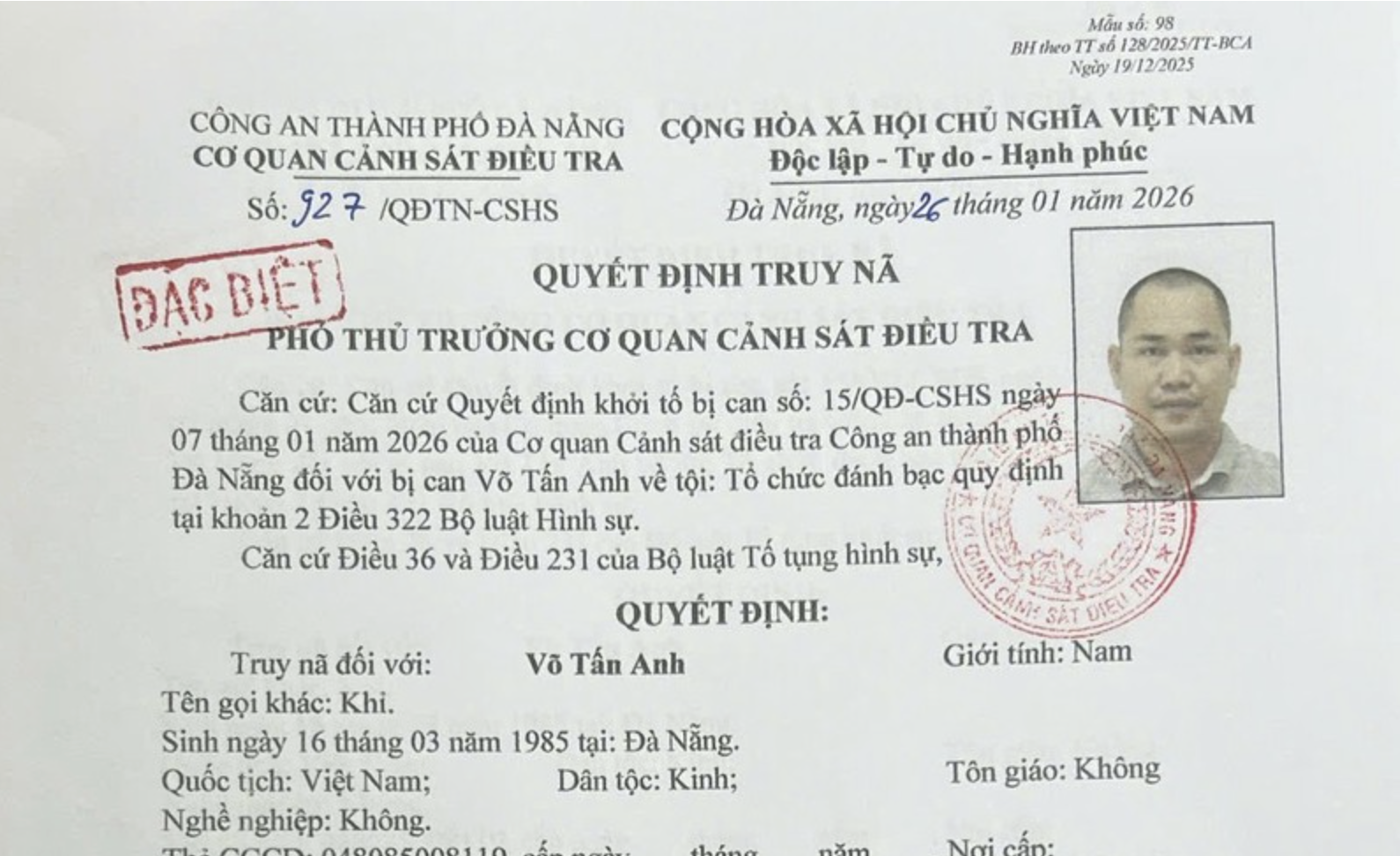Truy nã loại “Đặc biệt” Võ Tấn Anh