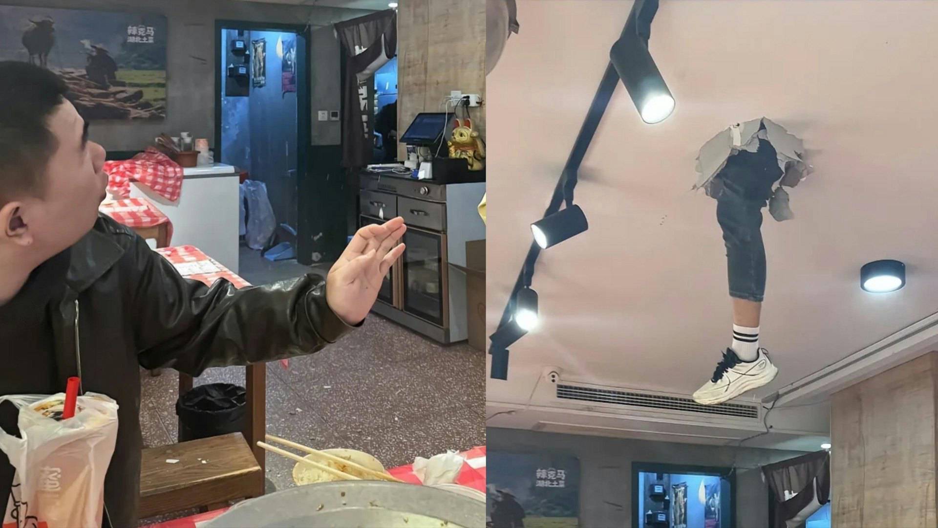 Trung Quốc: Đang dùng bữa, khách hàng tá hỏa thấy chân người rơi xuống từ trần nhà vỡ toác