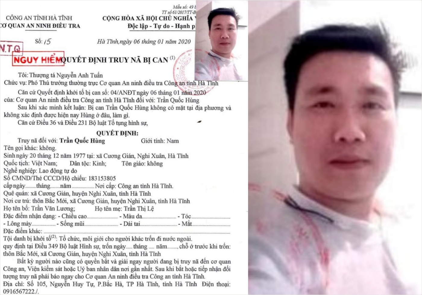 Truy nã Trần Quốc Hùng sinh năm 1977- Ảnh 1. Truy nã Trần Quốc Hùng sinh năm 1977- Ảnh 1.