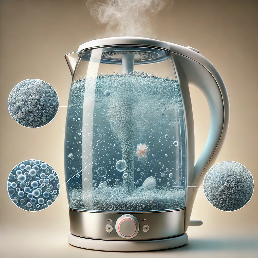 dalle 2025 12 04 105534 a realistic scientific illustration of a plastic electric kettle boiling water shown in a cutaway crosssection inside countless tiny microplastic 1
