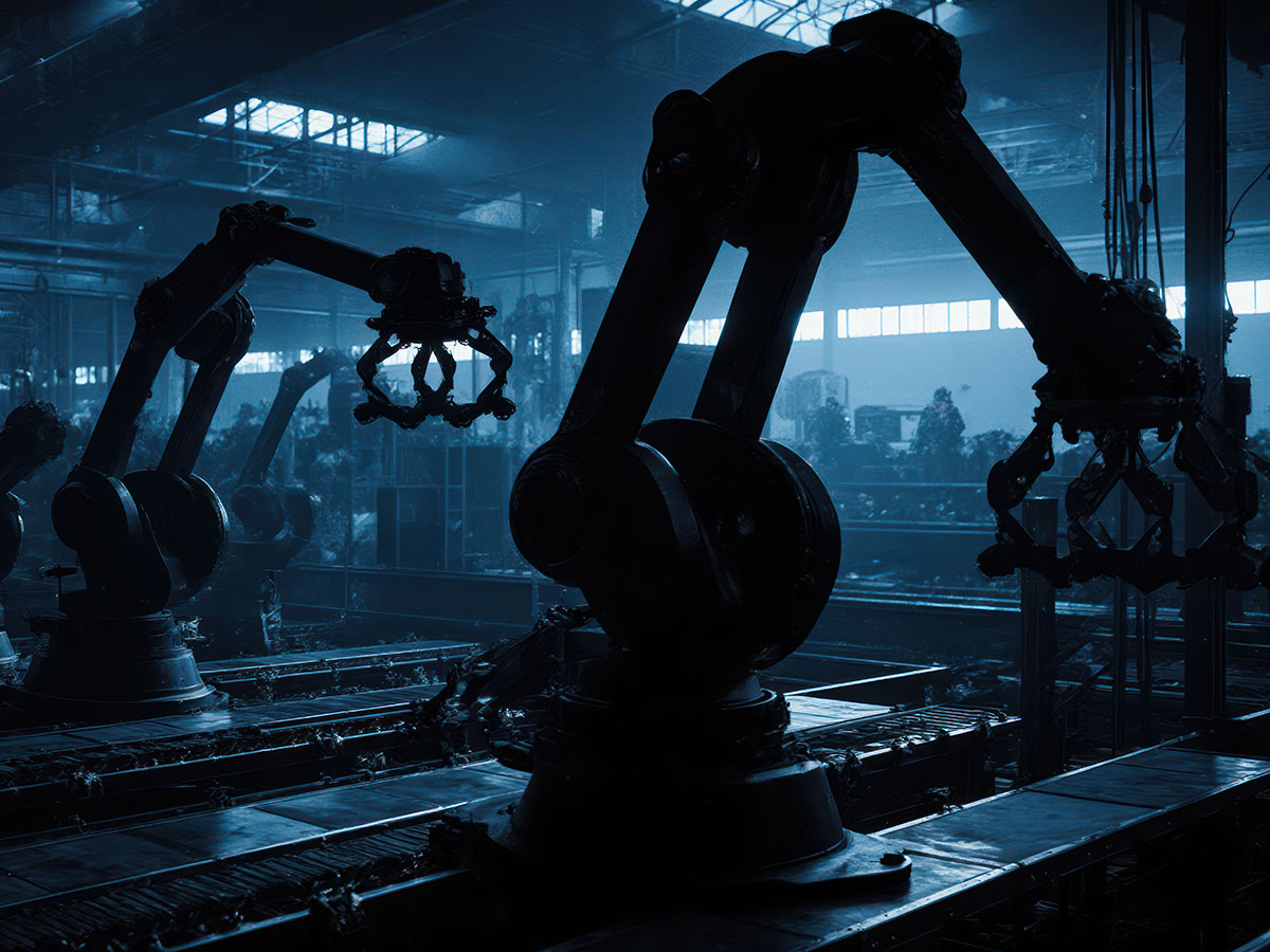 robotic arms work dimly lit industrial factory