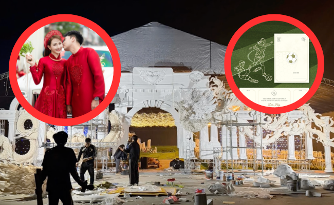 Cận cảnh rạp cưới siêu khủng của MC Huyền Trang Mù Tạt và tuyển thủ Phạm Đức Huy, thiệp cưới cực xinh mang đậm style cầu thủ