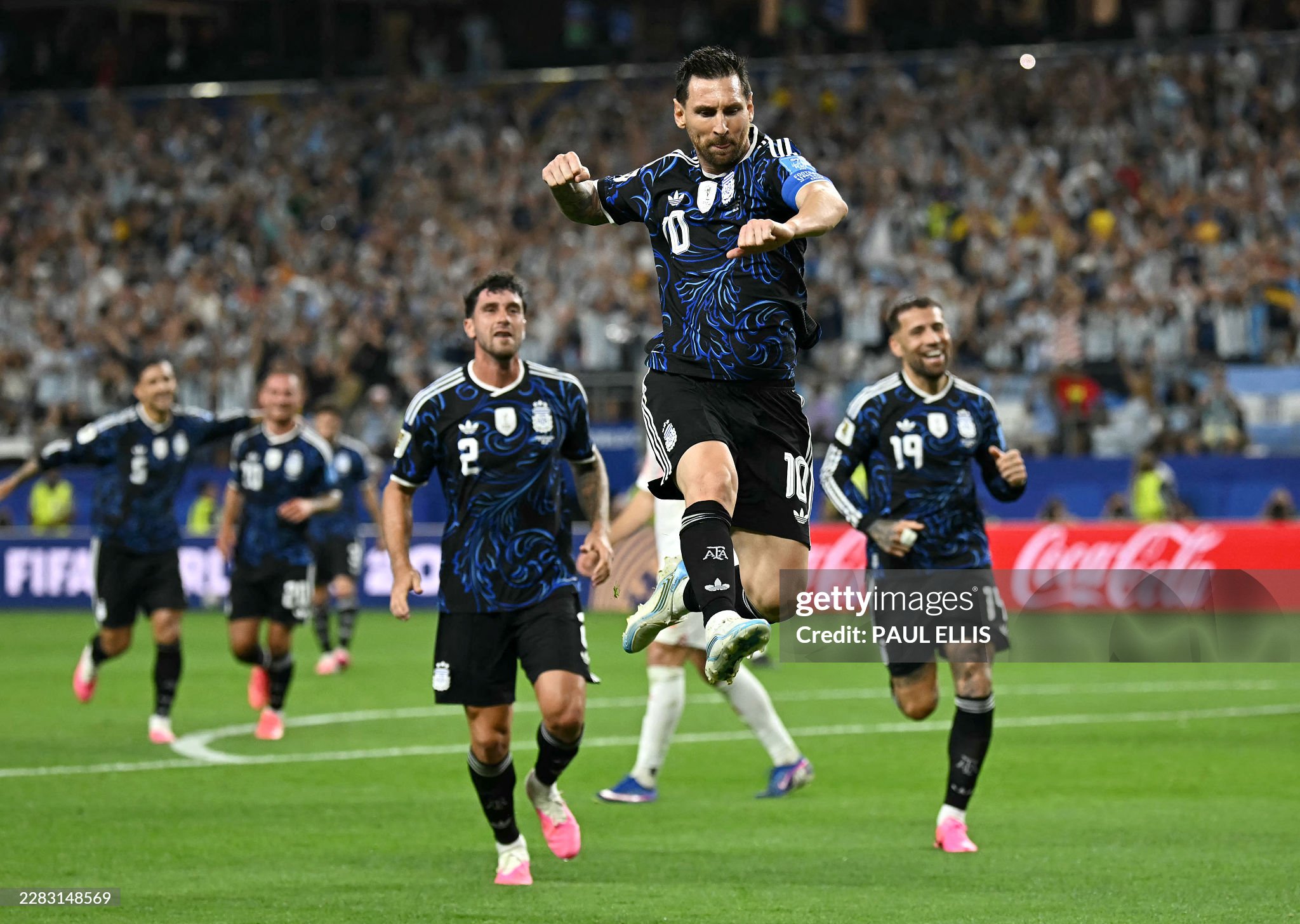argentinas forward 10 lionel messi celebrates scoring his teams third goal during the 2026 world cup group j football match between jordan and argentina at the dallas stadium in arlington on june 27 2026 photo by paul ellis afp via