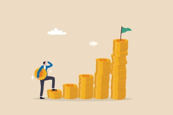 start invest in stock market begin savings to achieve financial goal power of compound interest collecting wealth young adult office man carrying money coin start step on compound money stack vector