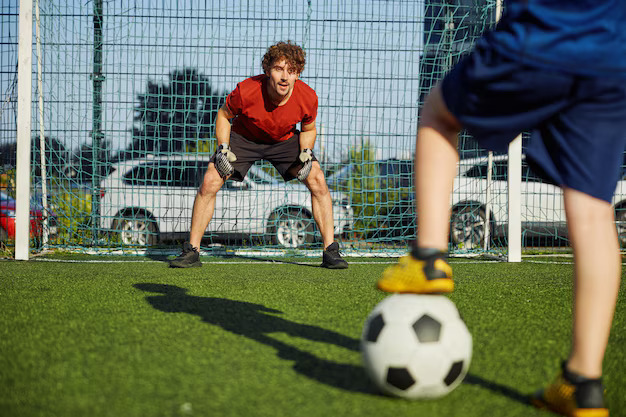 father goal keeper boy son forward training football stadium active family having fun outdoors enjoying sport leisure time266732 35344