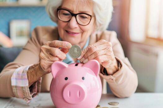 senior woman saving money with piggy bank photo