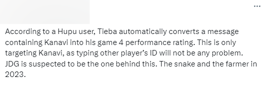 Khán giả từ LPL cho biết khi ai đó bình luận trên trang HUPU gõ tên Kanavi sẽ hiện ra số điểm của tuyển thủ này trong trận Bán Kết Khán giả từ LPL cho biết khi ai đó bình luận trên trang HUPU gõ tên Kanavi sẽ hiện ra số điểm của tuyển thủ này trong trận Bán Kết