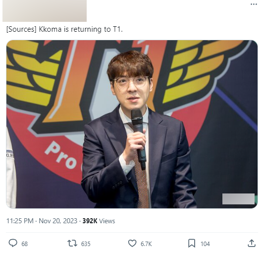 Và cũng có tin đồn rằng HLV KkOma sẽ trở lại T1 Và cũng có tin đồn rằng HLV KkOma sẽ trở lại T1