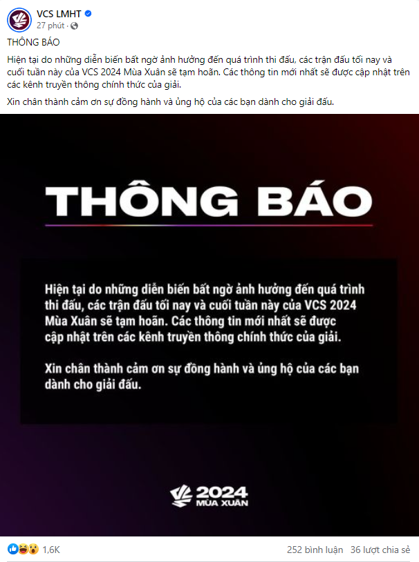 VCS thông báo tạm ngưng giải đấu để xử lý "sự cố đặc biệt" cách đây ít hôm