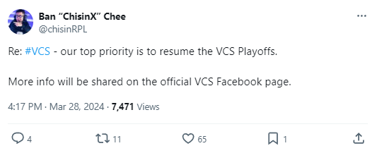 Ông Ban "ChisinX" Chee: "Mục tiêu hàng đầu của chúng tôi là tái khởi động playoffs của VCS. Thông tin chi tiết sẽ được đăng tải trên trang fanpage chính thức của VCS" Ông Ban "ChisinX" Chee: "Mục tiêu hàng đầu của chúng tôi là tái khởi động playoffs của VCS. Thông tin chi tiết sẽ được đăng tải trên trang fanpage chính thức của VCS"