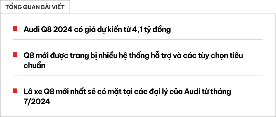 Audi Q8 2024 chốt giá từ 4,1 tỷ đồng: Chỉ có 1 phiên bản, giao xe từ tháng 7- Ảnh 1.