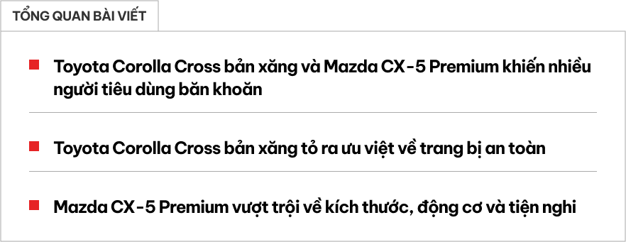Chênh 9 triệu đồng chọn Toyota Corolla Cross bản xăng hay lấy CX-5 Premium, bảng so sánh này sẽ giúp bạn dễ lựa chọn hơn - Ảnh 1. Chênh 9 triệu đồng chọn Toyota Corolla Cross bản xăng hay lấy CX-5 Premium, bảng so sánh này sẽ giúp bạn dễ lựa chọn hơn - Ảnh 1.