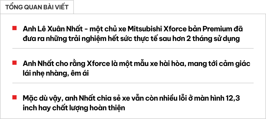 Người dùng đánh giá Mitsubishi Xforce sau 2 tháng: Mua vì đẹp, nhiều trang bị nhưng màn hình hay lỗi- Ảnh 1. Người dùng đánh giá Mitsubishi Xforce sau 2 tháng: Mua vì đẹp, nhiều trang bị nhưng màn hình hay lỗi- Ảnh 1.
