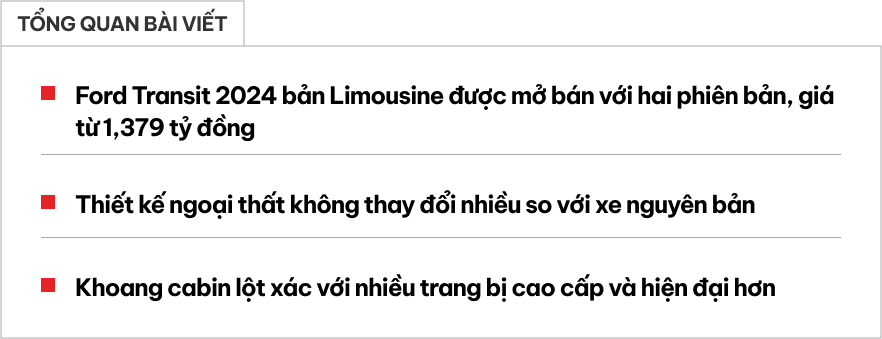 Chi tiết Ford Transit 2024 bản cao cấp nhất tại Việt Nam: Giá gần 1,5 tỷ, ghế thương gia, TV Android lớn, trần tích hợp LED ‘xịn sò’- Ảnh 1. Chi tiết Ford Transit 2024 bản cao cấp nhất tại Việt Nam: Giá gần 1,5 tỷ, ghế thương gia, TV Android lớn, trần tích hợp LED ‘xịn sò’- Ảnh 1.