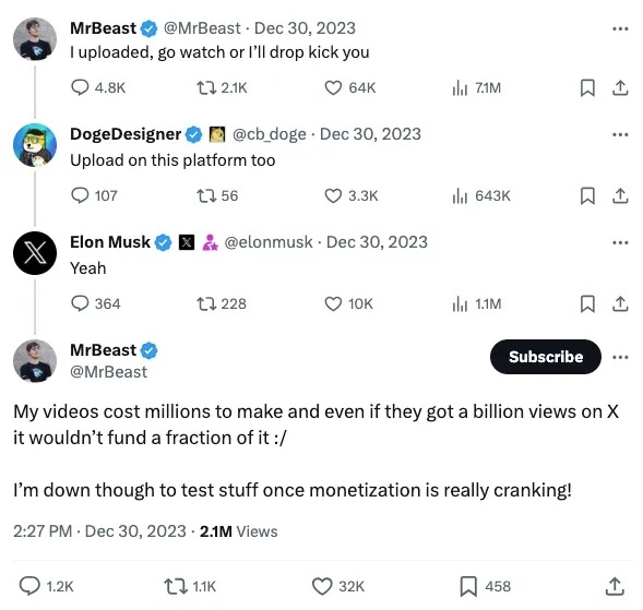 Bị Elon Musk gạ gẫm, "ông hoàng YouTube" MrBeast thử đăng video lên X: Bất ngờ với số tiền thu về- Ảnh 1.