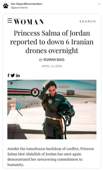 Công chúa Jordan bắn hạ 6 máy bay không người lái của Iran đang bay tới Israel? Chân tướng sự việc đã rõ- Ảnh 3. Công chúa Jordan bắn hạ 6 máy bay không người lái của Iran đang bay tới Israel? Chân tướng sự việc đã rõ- Ảnh 3.