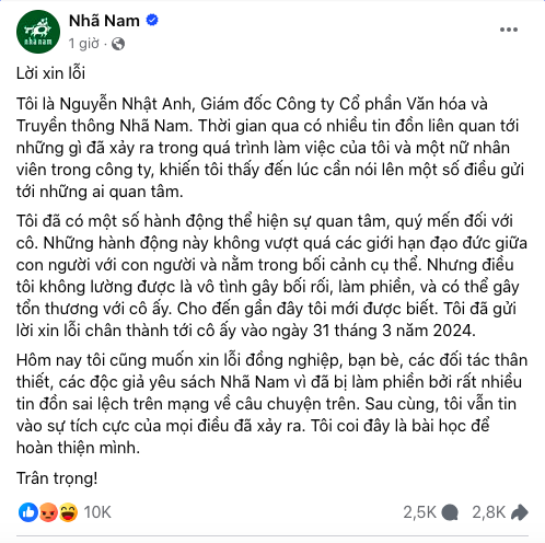 Giám đốc Nhã Nam lên tiếng xin lỗi về vụ việc 