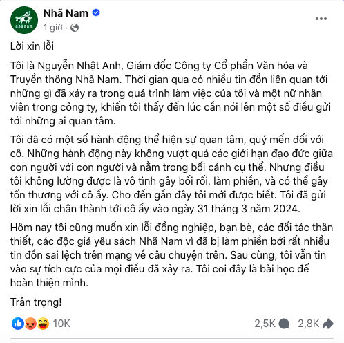 Giám đốc Nhã Nam lên tiếng xin lỗi về vụ việc Giám đốc Nhã Nam lên tiếng xin lỗi về vụ việc