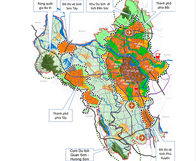 Vị trí quy hoạch các thành phố thuộc Thủ đô và sân bay thứ hai. Nguồn: UBND TP Hà Nội