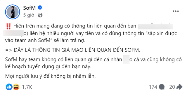 Phía SofM cho biết cựu tuyển thủ này mượn danh SofM và đội VKE để vay tiền khiến SofM phải lên tiếng đính chính ngay lập tức