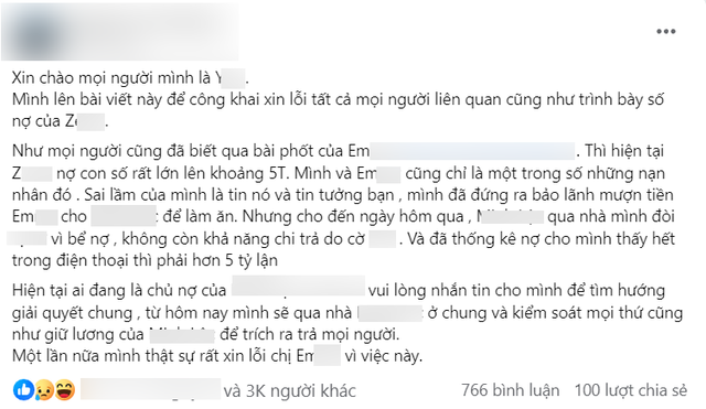 Bài đăng của cựu tuyển thủ Y. - người đứng ra mượn nợ cho Z.