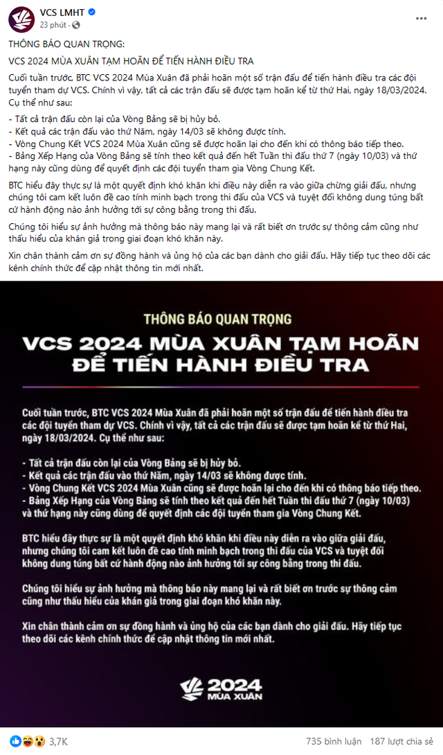 BTC VCS chính thức ra thông báo về phần còn lại của vòng bảng VCS Mùa Xuân 2024 BTC VCS chính thức ra thông báo về phần còn lại của vòng bảng VCS Mùa Xuân 2024