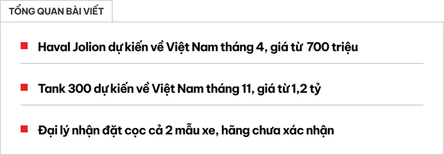 Đại lý nhận cọc Haval Jolion, Tank 300, báo ra mắt Việt Nam từ tháng 4, giá dự kiến từ 700 triệu đến 1,2 tỷ, đấu Corolla Cross, Santa Fe - Ảnh 1.