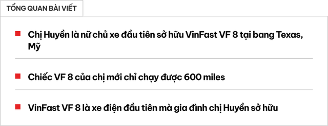 Người phụ nữ đầu tiên sở hữu VinFast VF 8 tại Texas: 'Muốn chứng minh xe của người Việt làm ra rất tốt' - Ảnh 1. Người phụ nữ đầu tiên sở hữu VinFast VF 8 tại Texas: 'Muốn chứng minh xe của người Việt làm ra rất tốt' - Ảnh 1.