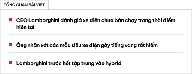 CEO Lamborghini 'chê' siêu xe điện thiếu cảm xúc, bán không chạy, còn cần chờ quan sát thêm, 'siêu bò' trước mắt cứ làm hybrid trước đã- Ảnh 1. CEO Lamborghini 'chê' siêu xe điện thiếu cảm xúc, bán không chạy, còn cần chờ quan sát thêm, 'siêu bò' trước mắt cứ làm hybrid trước đã- Ảnh 1.