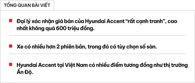 Đại lý hé lộ nhiều thông số và giá bán Hyundai Accent 2024: 4 bản thì có 3 bản AT, giá khởi điểm rẻ hơn Vios- Ảnh 1. Đại lý hé lộ nhiều thông số và giá bán Hyundai Accent 2024: 4 bản thì có 3 bản AT, giá khởi điểm rẻ hơn Vios- Ảnh 1.